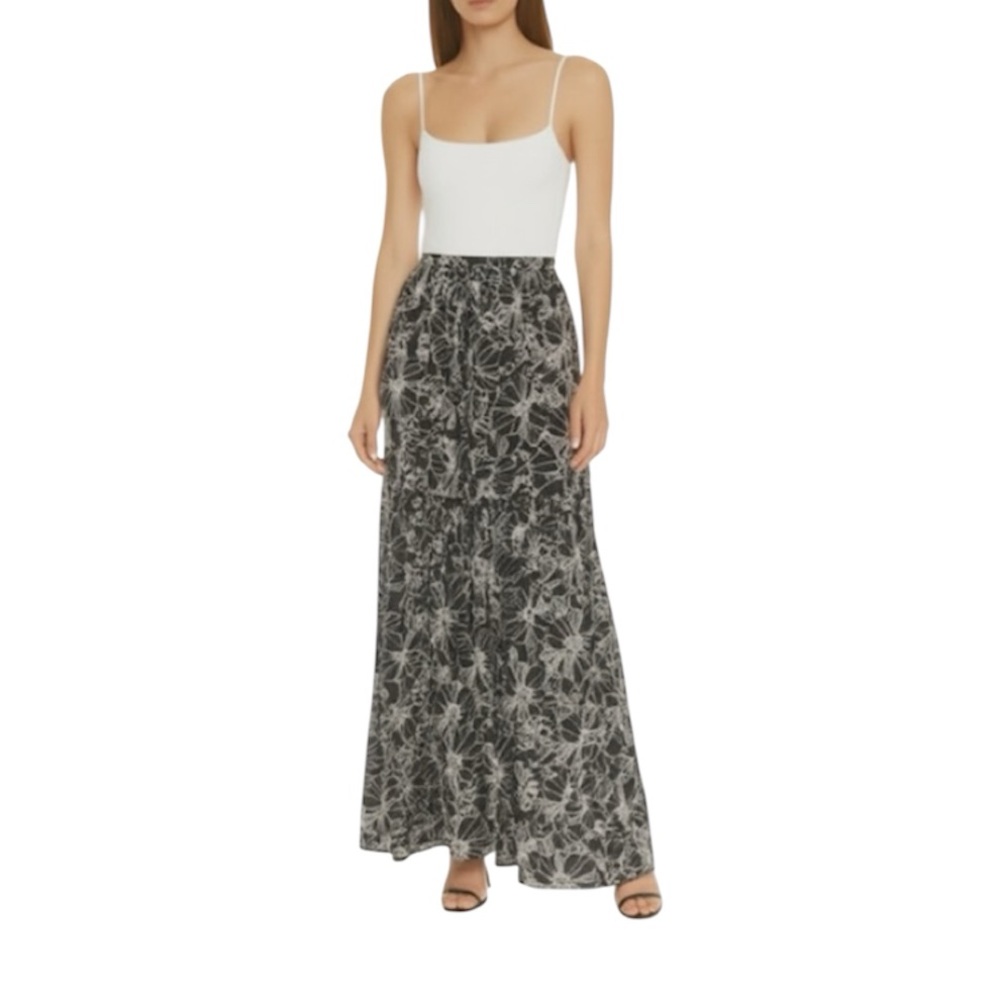 NWT Unsubscribed Charcoal Gray Off White Floral Long 100% Silk Maxi Skirt Sz L
